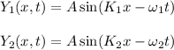 Y_1(x,t)=A \sin(K_1x- \omega _1 t)\\\\Y_2(x,t)=A \sin(K_2x- \omega _2 t)