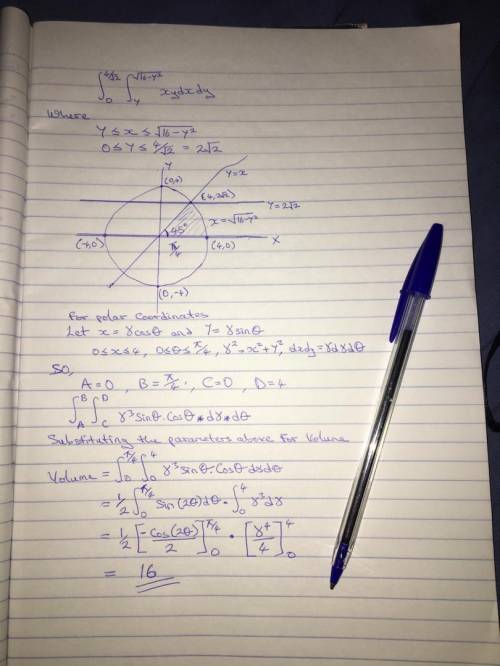 (1 Convert the integral below to polar coordinates and evaluate the integral. ∫4/2√0∫16−y2√yxydxdy∫0