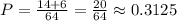 P=\frac{14+6}{64} =\frac{20}{64} \approx 0.3125