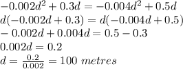 -0.002d^2+0.3d=-0.004d^2+0.5d\\d(-0.002d+0.3)=d(-0.004d+0.5)\\-0.002d+0.004d=0.5-0.3\\0.002d=0.2\\d=\frac{0.2}{0.002}=100\,\,metres