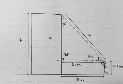 Una persona observa en un ángulo de 54° lo alto que es un edificio; si la persona mide 1,72 metros y