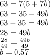 63 = 7(5 + 7b) \\ 63 = 35 + 49b \\ 63 - 35 = 49b \\ 28 = 49b \\  \frac{28}{49}  =  \frac{49b}{49}  \\ b = 0.57