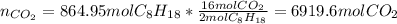 n_{CO_2}=864.95mol C_8H_{18}*\frac{16molCO_2}{2molC_8H_{18}} =6919.6molCO_2