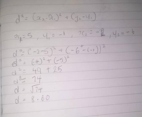 What is the distance between the points(-5,-1) and (-2,-6) ? Round to the nearest tenth if necessary