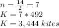 n=\frac{14}{2}=7 \\K=7*492\\K=3,444\ kites
