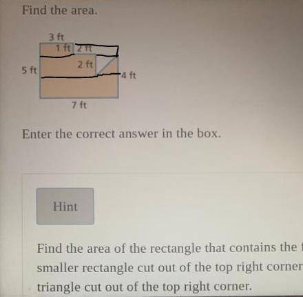 Hint # 1- Subtract the area of the small rectangle and the area of the triangle from the area of the