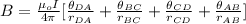 B =  \frac{\mu_o I}{4 \pi } [ \frac{\theta_{DA}}{r_{DA}} + \frac{\theta_{BC}}{r_{BC}}+ \frac{\theta_{CD}}{r_{CD}}+\frac{\theta_{AB}}{r_{AB}}]