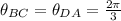 \theta_{BC} = \theta_{DA} =  \frac{2\pi}{3}