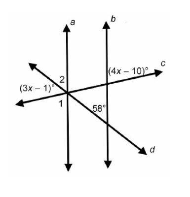 What must be true for lines a and b to be parallel lines? Select four options. m1 = m2 = 58 x = 20 =