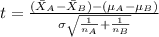 t=\frac{(\bar X_A -\bar X_B)-(\mu_{A}-\mu_B)}{\sigma \sqrt{\frac{1}{n_A}+\frac{1}{n_B}}}