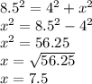 8.5^2=4^2+x^2\\x^2=8.5^2-4^2\\x^2=56.25\\x=\sqrt{56.25} \\x=7.5