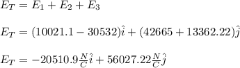 E_T=E_1+E_2+E_3\\\\E_T=(10021.1-30532)\hat{i}+(42665+13362.22)\hat{j}\\\\E_T=-20510.9\frac{N}{C}\hat{i}+56027.22\frac{N}{C}\hat{j}