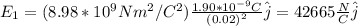 E_1=(8.98*10^9Nm^2/C^2)\frac{1.90*10^{-9}C}{(0.02)^2}\hat{j}=42665\frac{N}{C}\hat{j}
