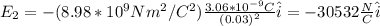 E_2=-(8.98*10^9Nm^2/C^2)\frac{3.06*10^{-9}C}{(0.03)^2}\hat{i}=-30532\frac{N}{C}\hat{i}