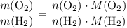 \begin{aligned}& \frac{m(\mathrm{O_2})}{m(\mathrm{H_2})} = \frac{n(\mathrm{O_2})\cdot M(\mathrm{O_2})}{n(\mathrm{H_2})\cdot M(\mathrm{H_2})}\end{aligned}