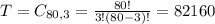 T = C_{80,3} = \frac{80!}{3!(80-3)!} = 82160