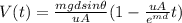 V(t) = \frac{mgdsin \theta}{uA}(1-\frac{uA}{e^{md}} t)