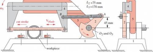 A power hacksaw used to cut metal, Link 5 pivots at O5 and its weight forces the saw-blade against t