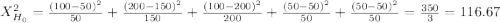 X^2_{H_0}= \frac{(100-50)^2}{50} +\frac{(200-150)^2}{150} +\frac{(100-200)^2}{200} +\frac{(50-50)^2}{50} +\frac{(50-50)^2}{50}= \frac{350}{3}= 116.67