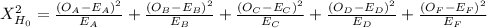 X^2_{H_0}= \frac{(O_A-E_A)^2}{E_A} +\frac{(O_B-E_B)^2}{E_B} +\frac{(O_C-E_C)^2}{E_C} +\frac{(O_D-E_D)^2}{E_D} +\frac{(O_F-E_F)^2}{E_F}