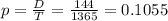 p = \frac{D}{T} = \frac{144}{1365} = 0.1055