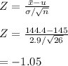 Z=\frac{\bar x-u}{\sigma/\sqrt{n} } \\\\Z = \frac{144.4-145}{2.9/\sqrt{26} } \\\\=-1.05