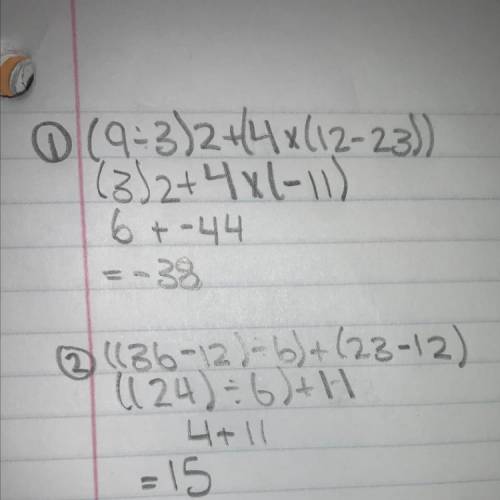 1. (9 ÷ 3)2 + (4 x (12 – 23)) = 2. ((36 – 12) ÷ 6) + (23 – 12) = Answer these questions with explana
