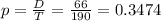 p = \frac{D}{T} = \frac{66}{190} = 0.3474