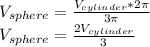 V_{sphere}=\frac{V_{cylinder}*2\pi}{3\pi} \\V_{sphere}=\frac{2V_{cylinder}}{3}