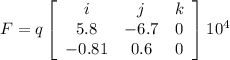F = q \left[\begin{array}{ccc}i&j&k\\5.8&-6.7&0\\-0.81&0.6&0\end{array}\right]  10^{4}