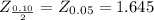 Z_{\frac{0.10}{2} } = Z_{0.05} =1.645