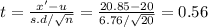 t = \frac{x' - u}{s.d / \sqrt{n}} = \frac{20.85 - 20}{6.76 / \sqrt{20}} = 0.56