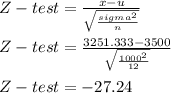 Z-test = \frac{x - u}{\sqrt{\frac{sigma^2}{n} } } \\\\Z-test = \frac{3251.333 - 3500}{\sqrt{\frac{1000^2}{12} } } \\\\Z-test = -27.24