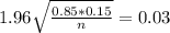 1.96\sqrt{\frac{0.85*0.15}{n}} = 0.03