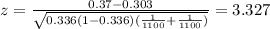 z=\frac{0.37-0.303}{\sqrt{0.336(1-0.336)(\frac{1}{1100}+\frac{1}{1100})}}=3.327