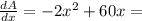 \frac{dA}{dx} = -2x^2 + 60x =