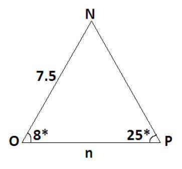In ΔNOP, p = 7.5 inches, ∠O=8° and ∠P=25°. Find the length of n, to the nearest tenth of an inch.nvm