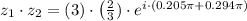 z_{1}\cdot z_{2} = (3)\cdot \left(\frac{2}{3}) \cdot e^{i\cdot (0.205\pi+0.294\pi)}