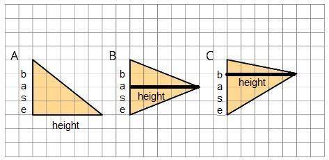 Three triangles are shown on the centimetre grid. A, B, C. A\ Which triangle has the largest area? B