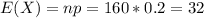 E(X) = np = 160*0.2 = 32