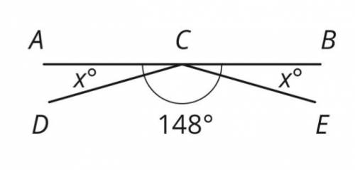 Segments AB, DC and Ec intersect at point C. Angel DCE measures 148. Find the value of x.