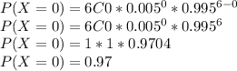 P(X=0) = 6C0 * 0.005^{0} * 0.995^{6-0}\\P(X=0) = 6C0 * 0.005^{0} * 0.995^{6}\\P(X=0) = 1 * 1 * 0.9704\\P(X=0) = 0.97
