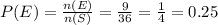 P(E) = \frac{n(E)}{n(S)} = \frac{9}{36} = \frac{1}{4} = 0.25