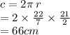 c = 2\pi \: r \\  = 2 \times  \frac{22}{7}  \times  \frac{21}{2}  \\  = 66cm