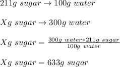 211g\ sugar \rightarrow 100 g \ water\\\\X g\ sugar \rightarrow 300 g\ water\\\\X g\ sugar =\frac{300g\ water * 211g\ sugar}{100g \ water}\\ \\X g\ sugar=633 g \ sugar