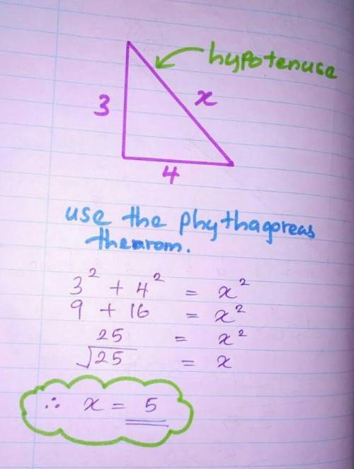 A right triangle has sides of length 3, 4, and x. Find x, if x were the hypotenuse.