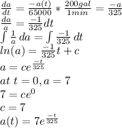 \frac{da}{dt} =\frac{-a(t)}{65000}*\frac{200gal}{1 min}=\frac{-a}{325}\\\frac{da}{a}   =\frac{-1}{325}  dt\\\int\limits{\frac{1}{a} } \, da =\int\limits{\frac{-1}{325} } \, dt\\ln(a)=\frac{-1}{325} t+c\\a=ce^{\frac{-t}{325} }\\at\ t=0, a=7\\ 7=ce^0\\c=7\\a(t)=7e^{\frac{-t}{325} }