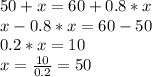 50 + x = 60 + 0.8*x\\x - 0.8*x = 60 - 50\\0.2*x = 10\\x = \frac{10}{0.2} = 50\\