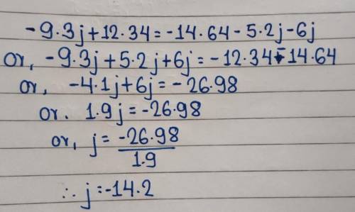 Solve for j.
–9.3j + 12.34 = –14.64 − 5.2j − 6j