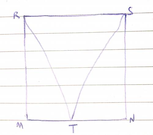Triangle RST is drawn inside rectangle RSNM. Point T is halfway between points M and N on the rectan